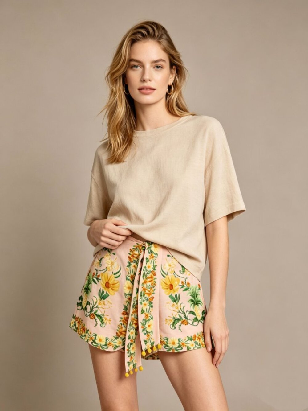 NWOT Farm Rio Pink Linen Blend Beaded Floral Shorts Size S Pull-On